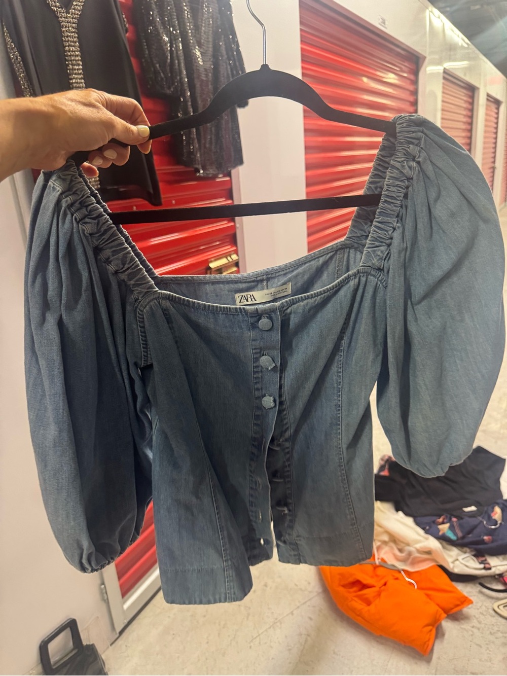 Zara Blue Denim Off-Shoulder Button-Front Blouse